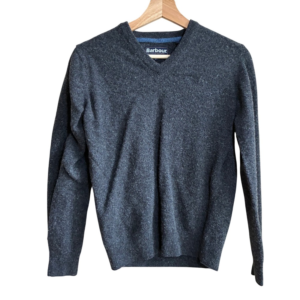 Barbour Essential Lambswool V Neck Sweater S Charcoal Grey Mens Wool Knit
